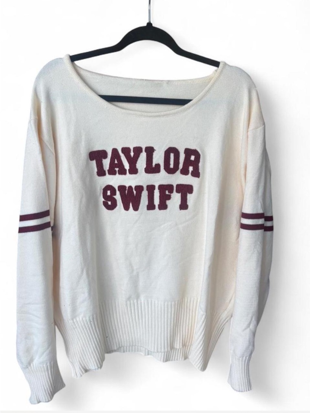 Taylor Swift Cream Scoop-Neck Pullover with Maroon Lettering